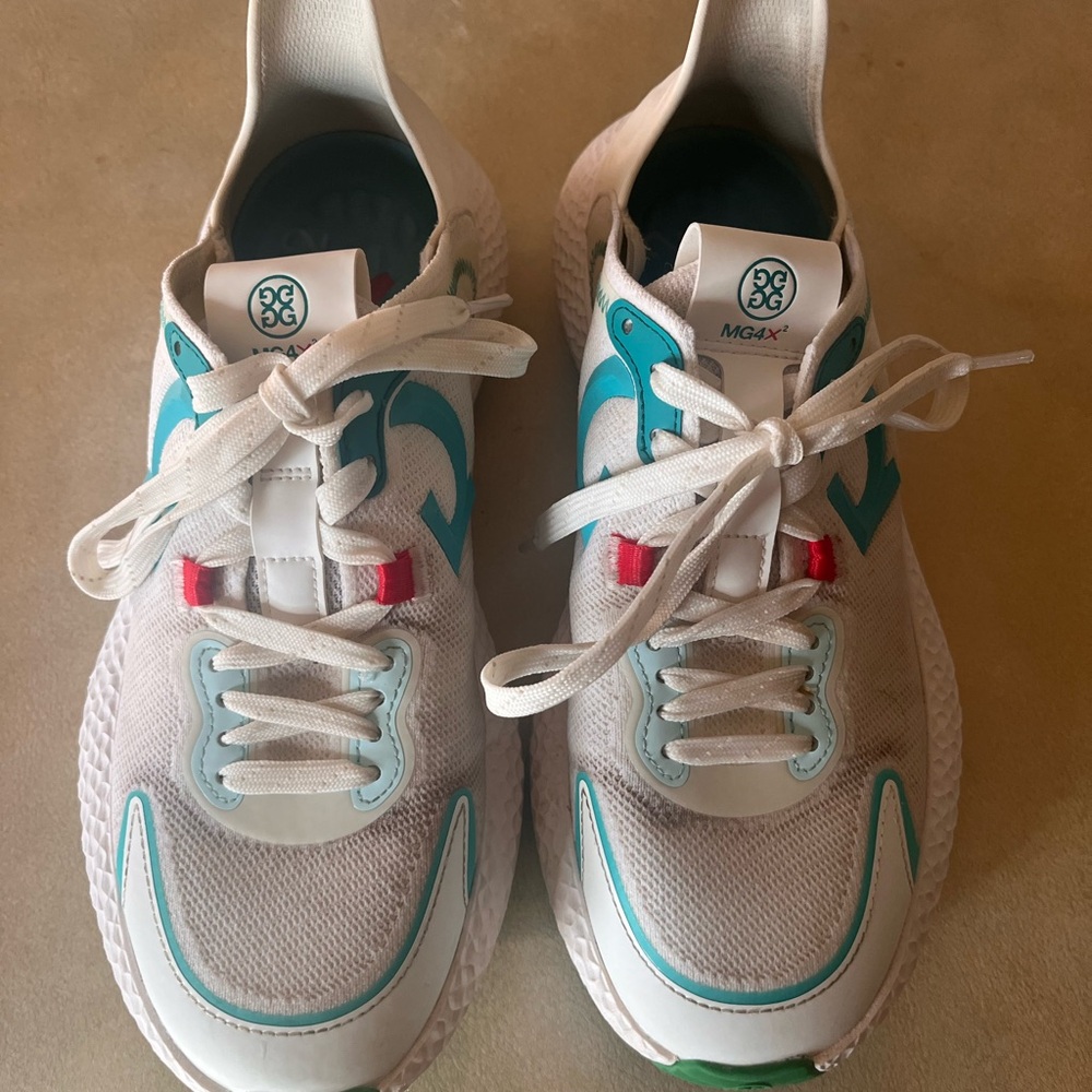 G/FORE Golf Sneakers in White and Aqua with Red Highlights